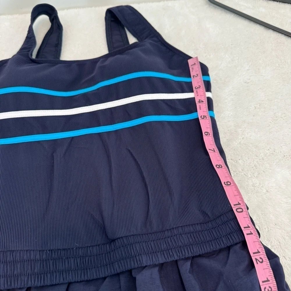 LL BEAN womens 1 pc SWIM SWIMMING SUIT SHORTS dark blue stripe BRA TOP size 14R